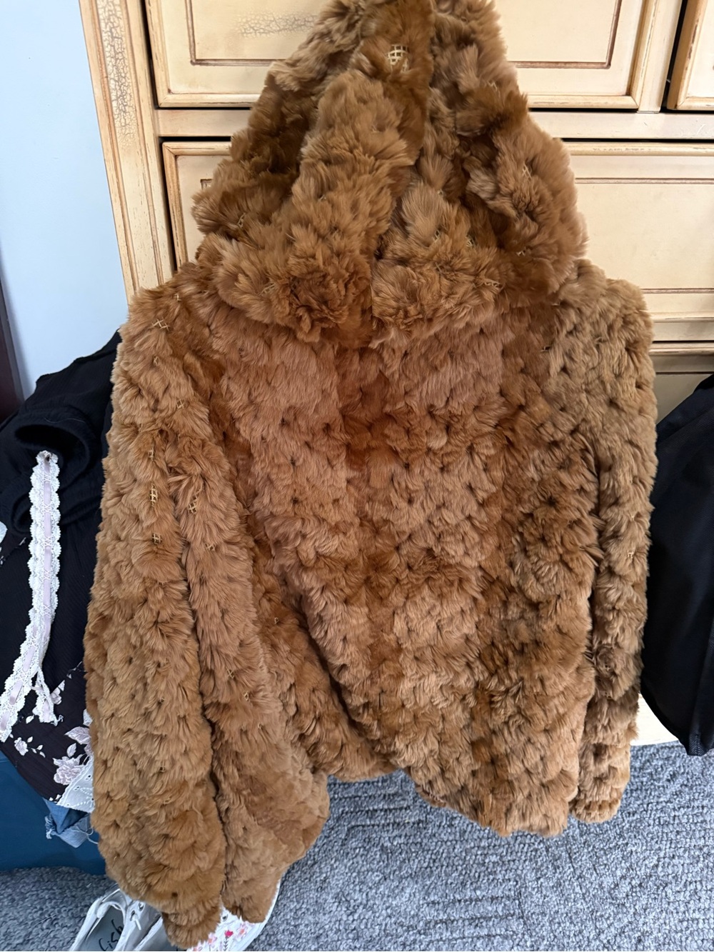 Cozy Fur Hooded Jacket in Rich Caramel